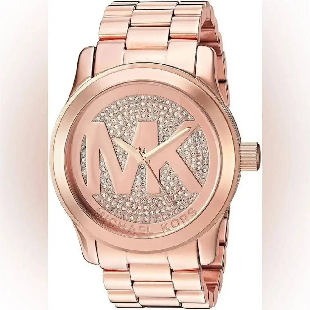 Runway Rose Gold Tone Logo Pave Crystal Dial Midsized Watch MK5853 by Michael Kors