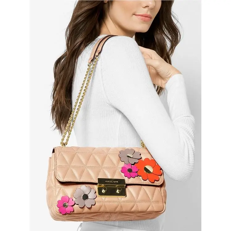 Michael Kors Leather Flora Applique Sloan Shoulder Bag in Oyster