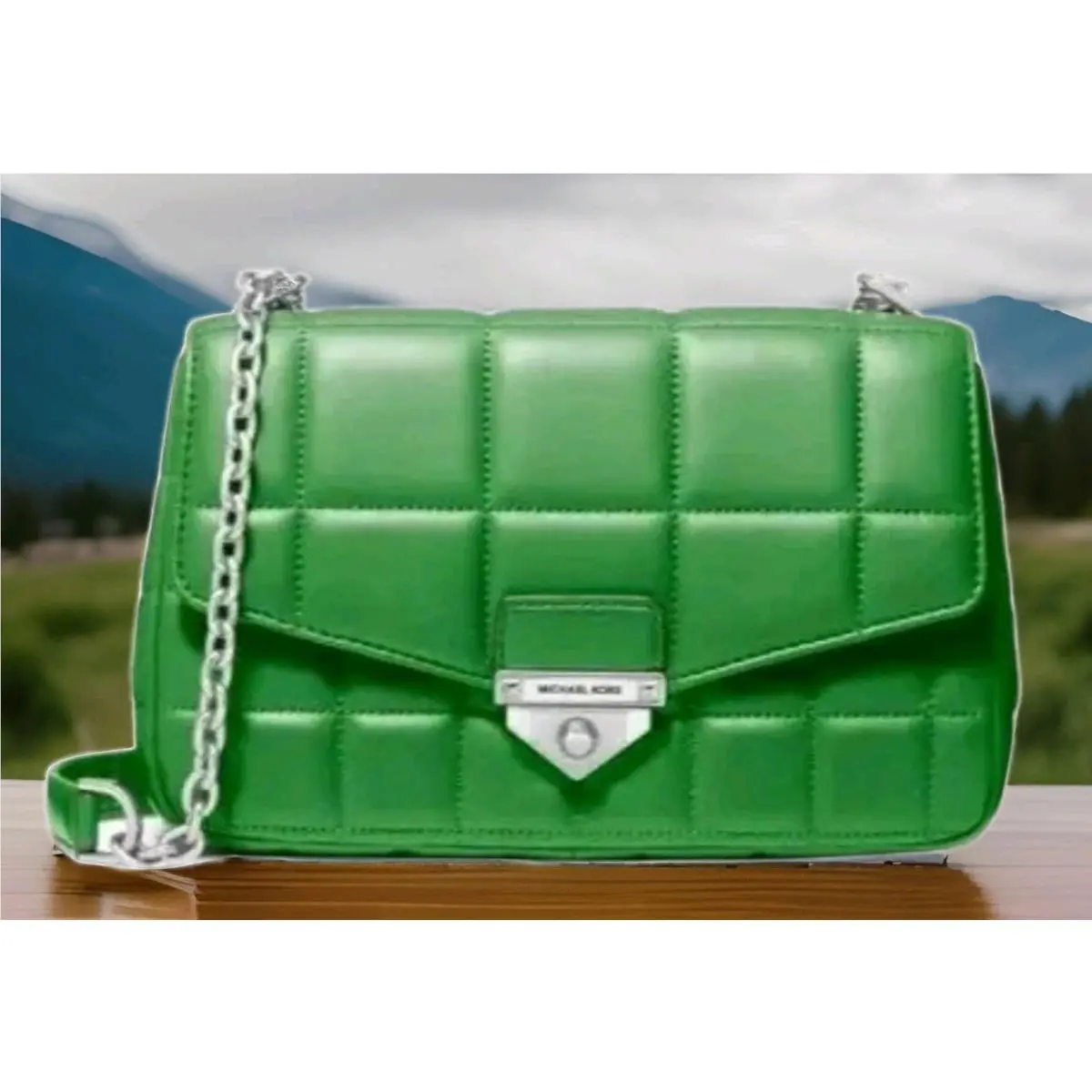 Michael Kors Soho Large Palm Green Silver Quilted Leather Crossbody Bag