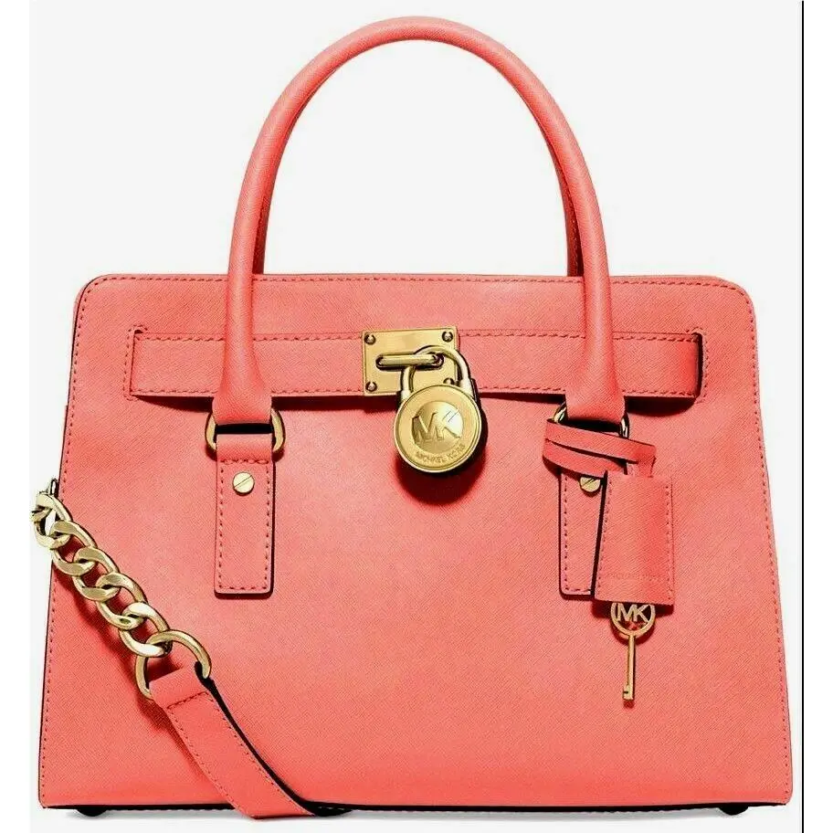Michael Kors Hamilton Medium Pink Gold Saffiano Leather Satchel Bag Purse