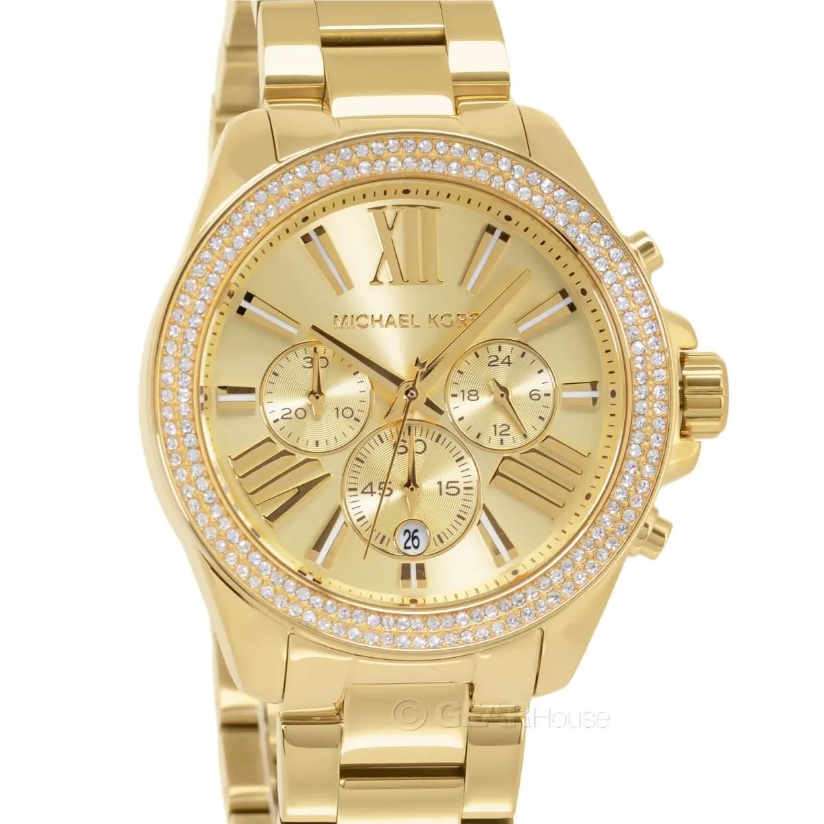 Michael Kors Wren Womens Chronograph Watch Pave Crystals Gold Stainless Steel