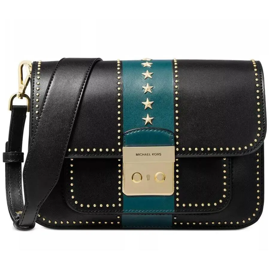 Michael Kors Sloan Editor Shoulder Bag Leather Gold Star Studded Black Gold