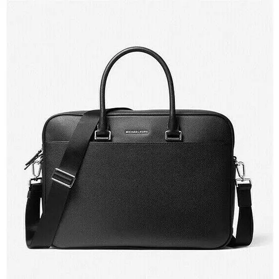 Michael Kors Mens Luxury Cooper Pebbled Leather Double-zipper Briefcase Black BN