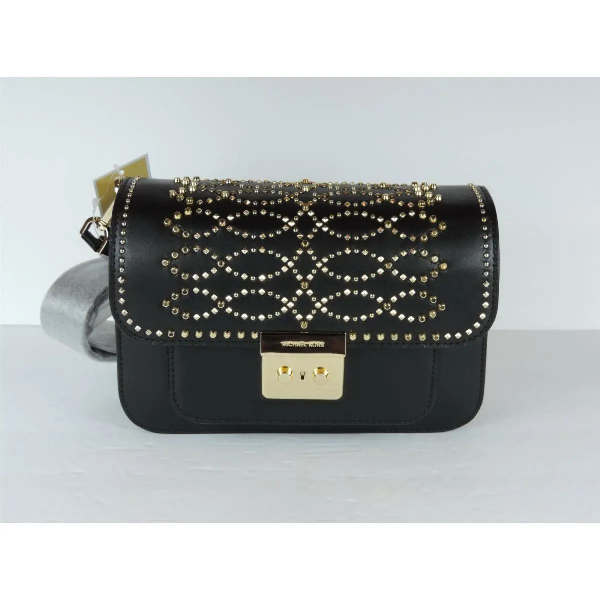 Michael Kors Sloan Editor Shoulder Bag Black Leather Gold Studded Flap