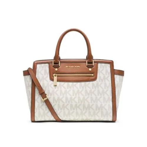 Michael Kors Selma Large Satchel Purse Bag Logo Vanilla w/ Gold