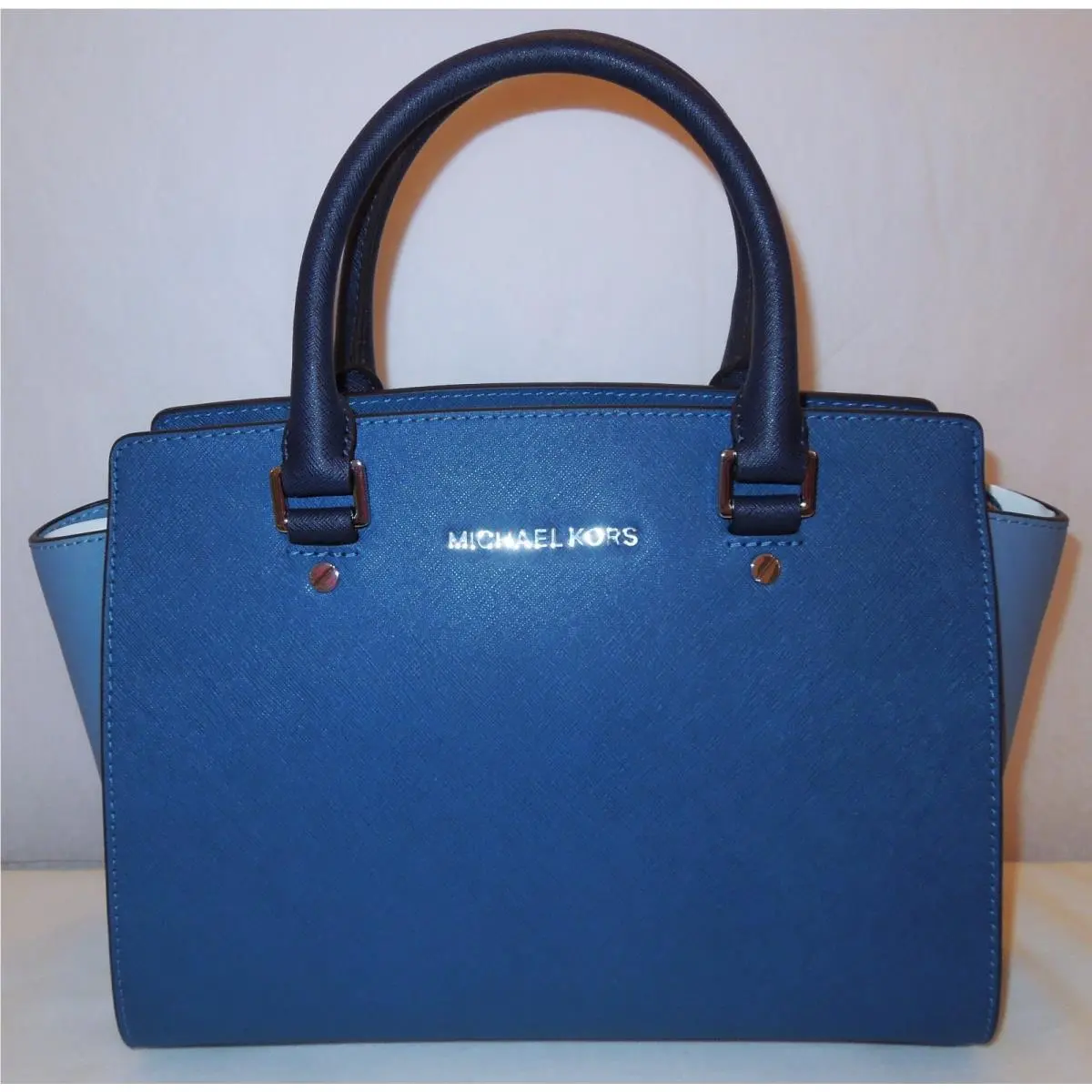Michael Kors Selma Medium Satchel Saffiano Leather Purse Tricolor Blue