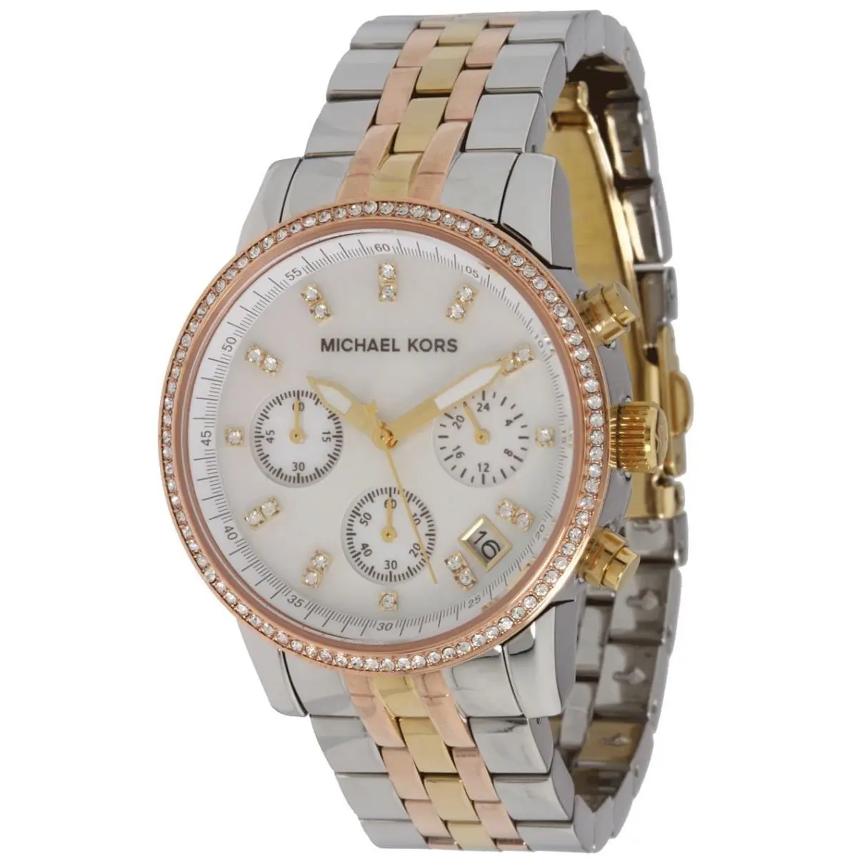 Michael Kors Ritz Silver Rose Gold Tri 3 Tone+crystal Mop Chrono Watch MK5650