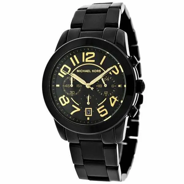 Michael Kors Mercer Black Tone Chronograph Gold Markers Bracelet Watch MK5858