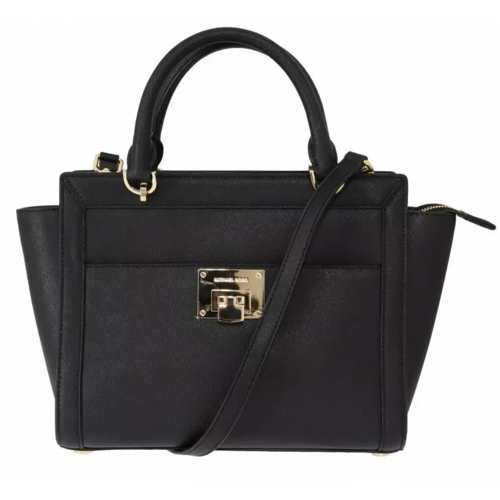 Michael Kors Tina Large Top Zip Leather Satchel Shoulder Bag Purse Black Gold