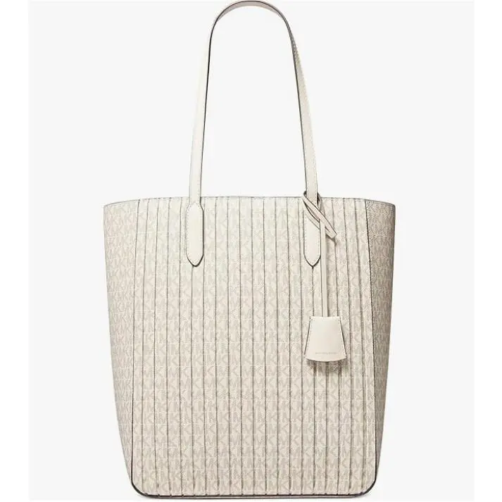 Michael Kors Sinclair Pleated MK Logo Leather NS Shopper Tote Vanilla/cream