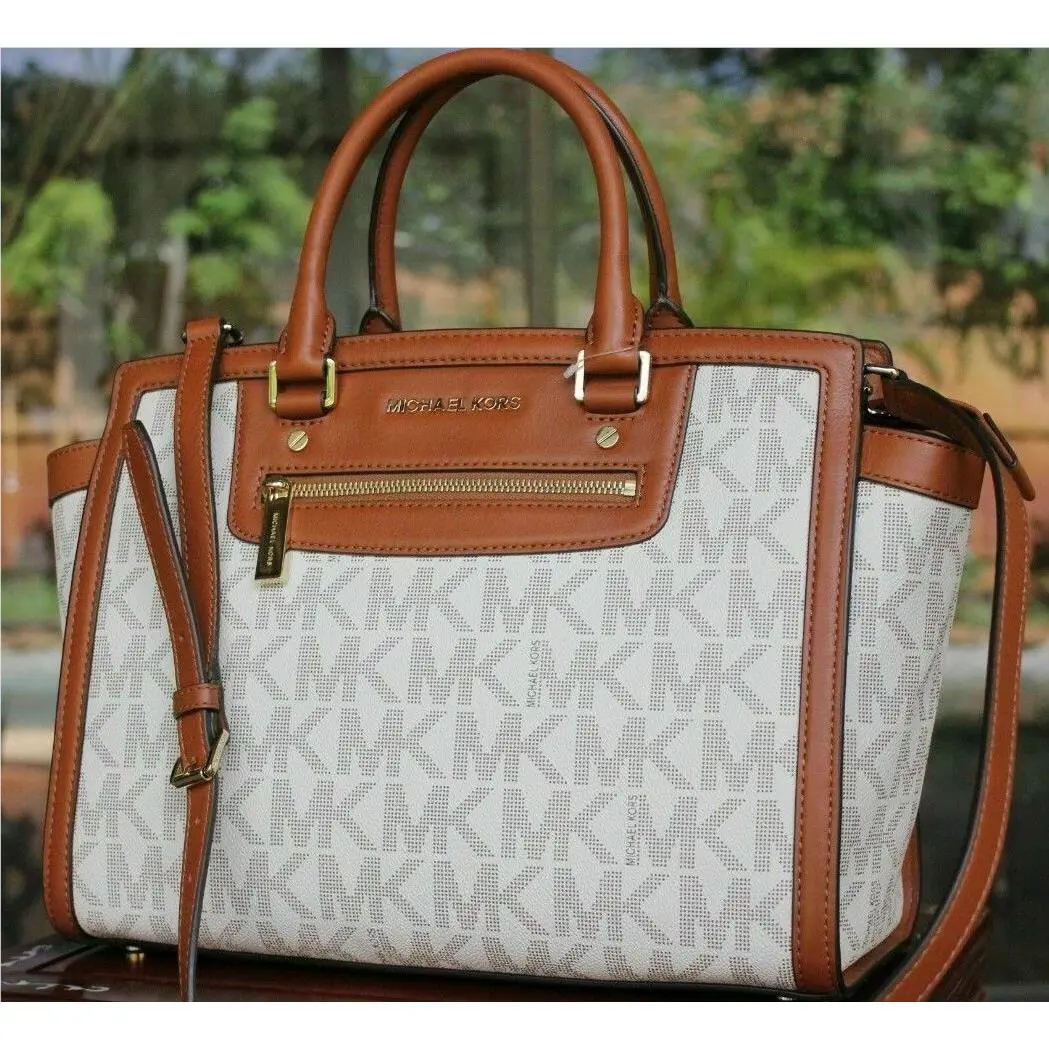 Michael Kors Selma Zip Large Vanilla Logo Luggage Leather Satchel Bag
