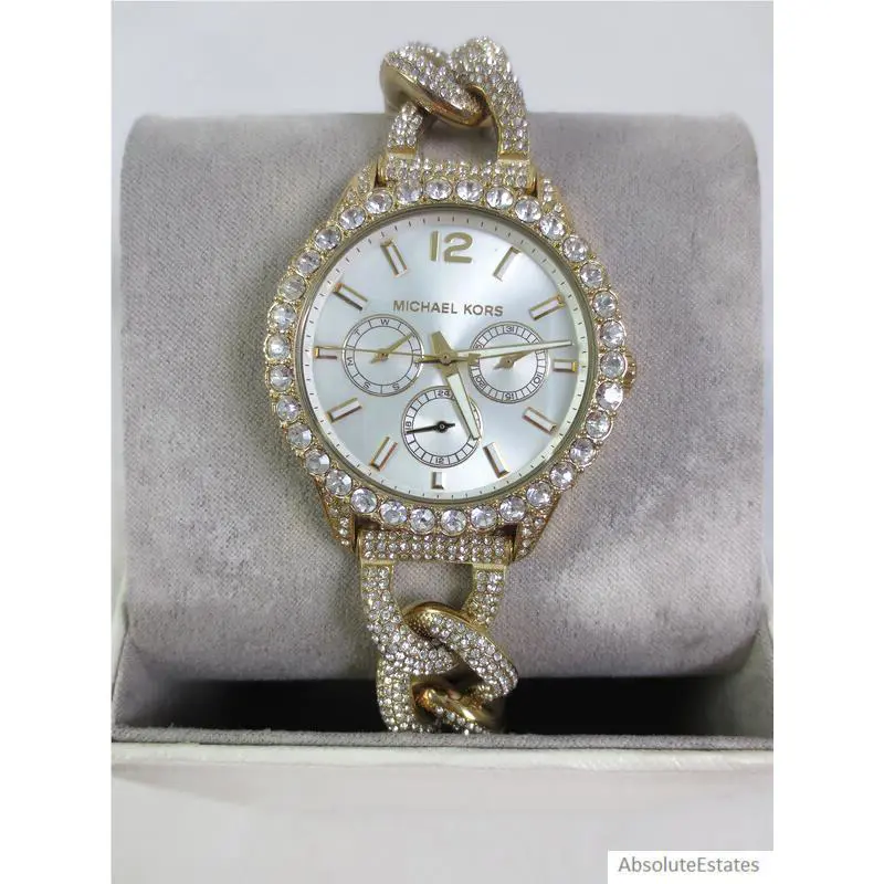 Michael Kors Layton Extreme Glitz Gold Crystal Chain Watch MK4653 Nwot + Box