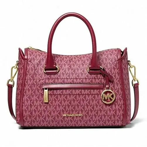 Michael Kors Carine Medium Mulberry/merlot Gold Logo Monogram Satchel Bag