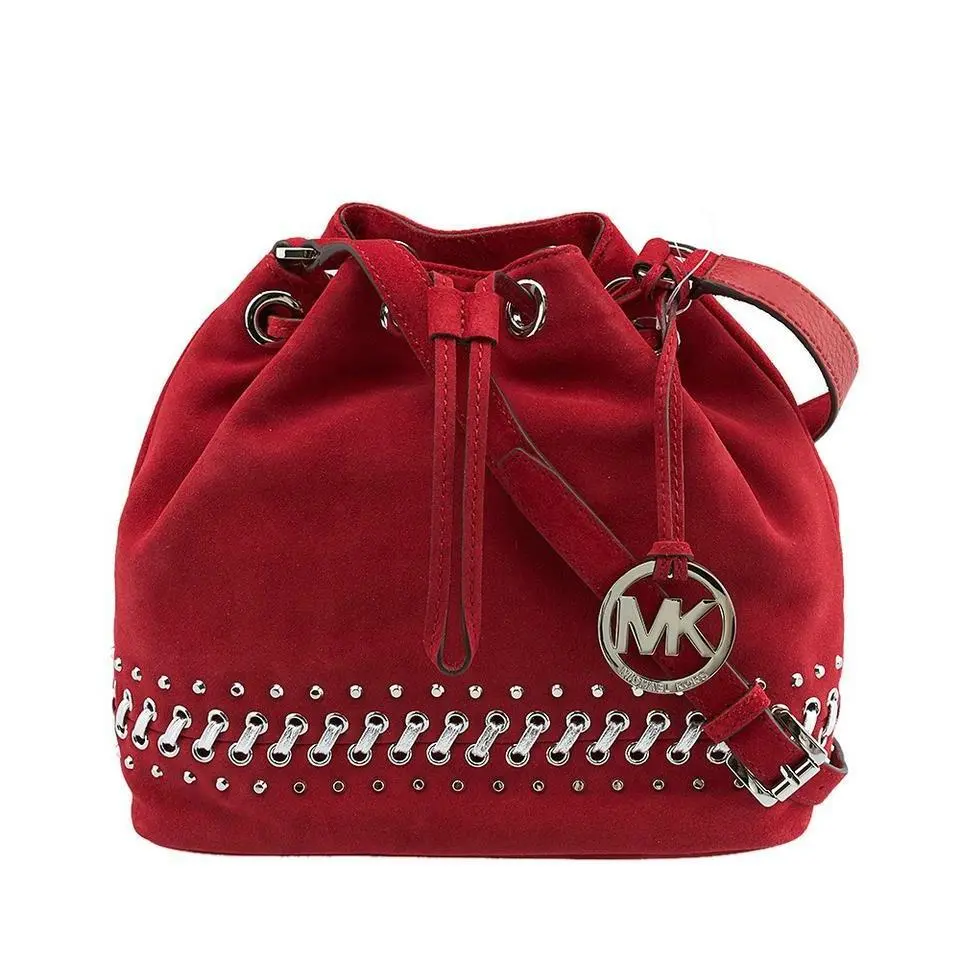Michael Kors Hippie Jules Red Suede Silver Laces Studs Drawstring Crossbod Bag
