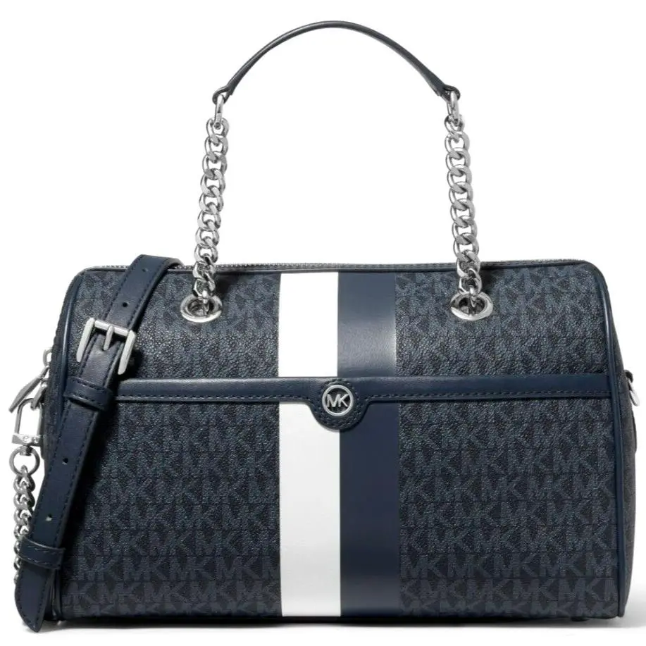Michael Kors Blaire Admiral Blue Logo Silver Chain MD Duffle Satchel Bag