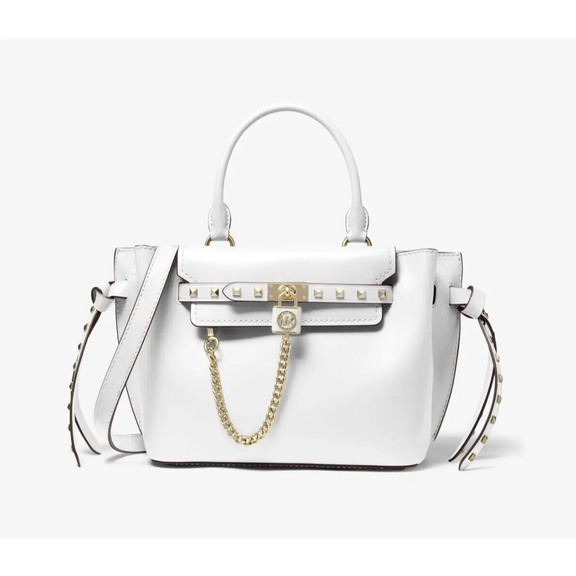 Michael Kors Hamilton Legacy Small Leather Belted Studs Satchel Optic White