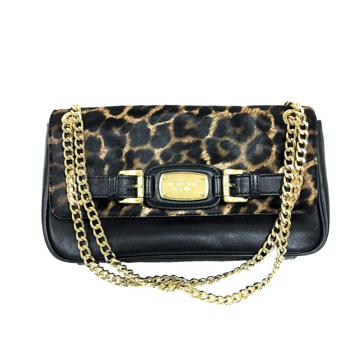 Hamilton Black Leather Leopard Gold Chain Clutch Shoulder Flap by Michael Kors