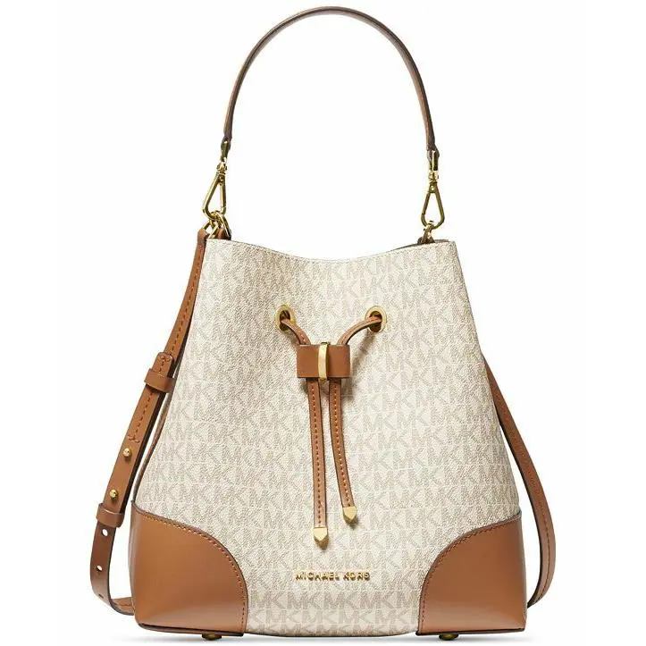 Michael Kors Mercer Gallery Convertible Bucket Shoulder Bag Vanilla/acorn - Handle/Strap: Brown, Hardware: Gold, Exterior: Vanilla/Acorn