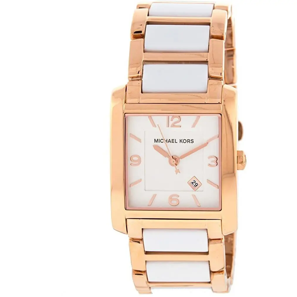 Michael Kors French Rose Gold Tone+white Acrylic Rectangle WATCH-MK4274