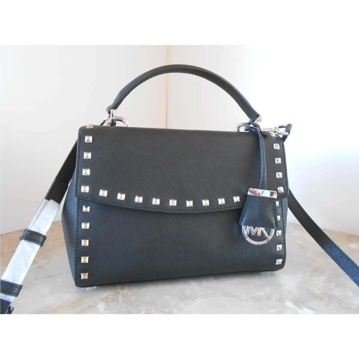 Michael Kors Ava Stud Small Top Handle Leather Satchel Black Silver