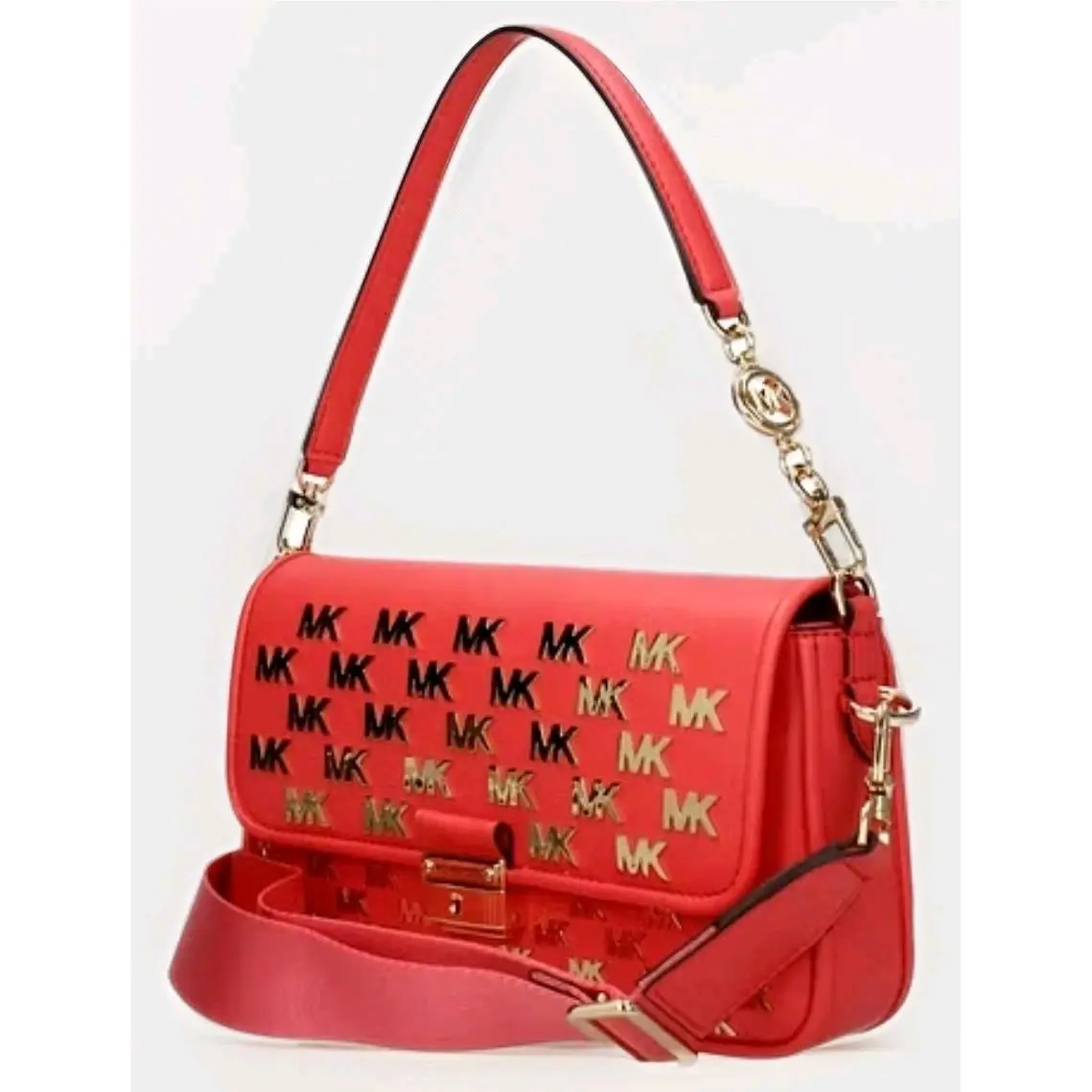 Michael Kors Bradshaw Dahlia Coral Pink Gold Logo Crossbody Shoulder Bag