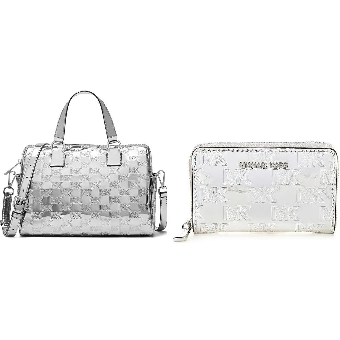 Michael Kors Women`s Mason Medium Duffle Satchel with Card Case Silver - Handle/Strap: Silver, Hardware: Silver, Exterior: Silver