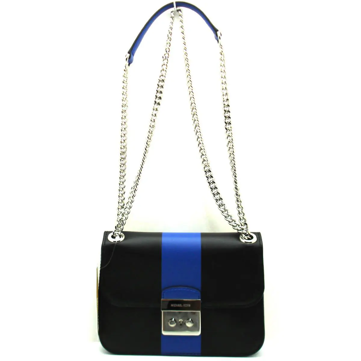 Michael Kors Sloan Center Stripe Med Chain Shoulder Strap Leather Black Blue