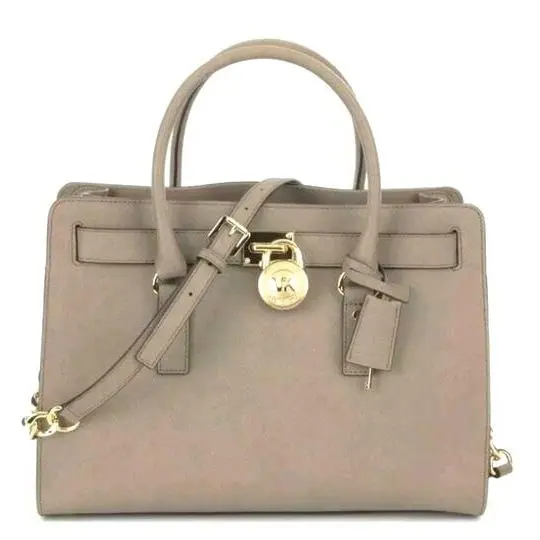 Michael Kors Hamilton Dark Dune Saffiano Leather Gold Chain Lock Charm Satchel