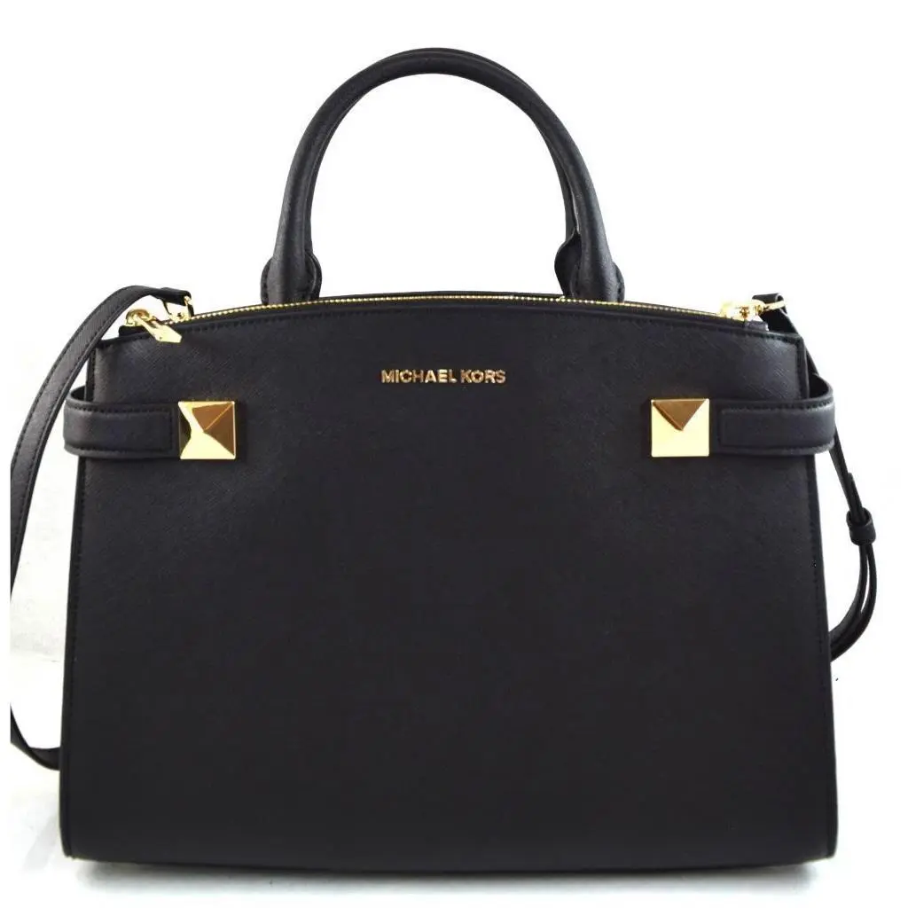 Michael Kors Karla Stud Med E/w Satchel Crossbody Bag In Black Leather