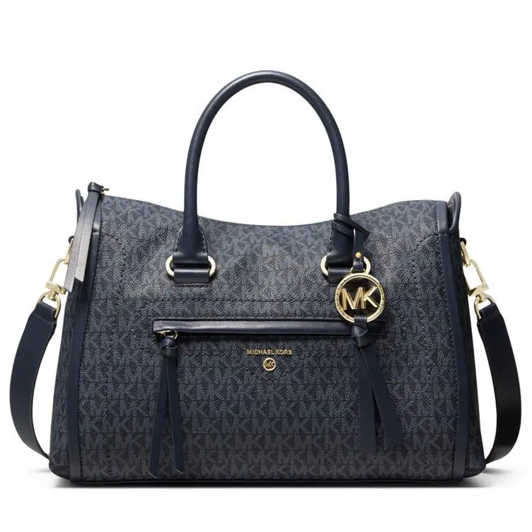 Michael Kors Signature Carine Medium Satchel Navy Admiral Pale Blue Gold Bag
