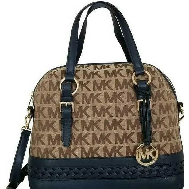Michael Kors Gladstone Large MK Logo Beige Navy Blue Top Zip Satchel Bag