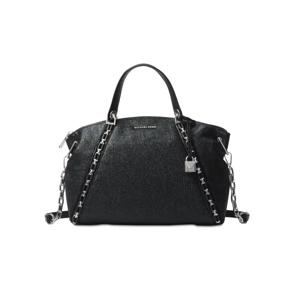 Michael Kors Sadie Metallic Crackle Leather Large Top-zip Satchel Black