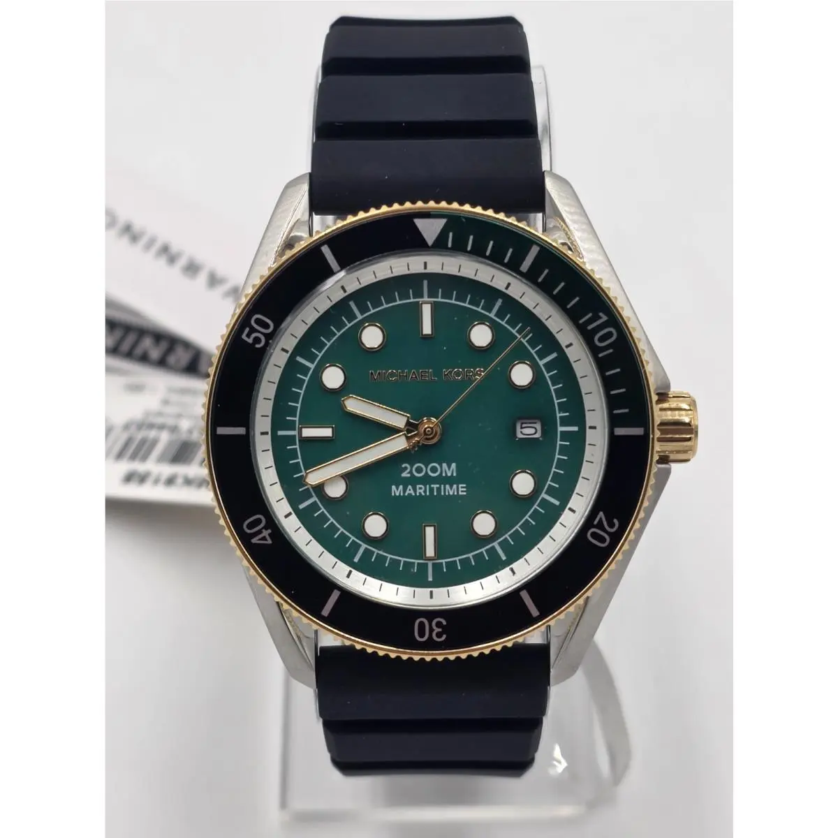 Michael Kors Maritime MK9158 Green Dial Black Silicone Strap Silver Mens Watch
