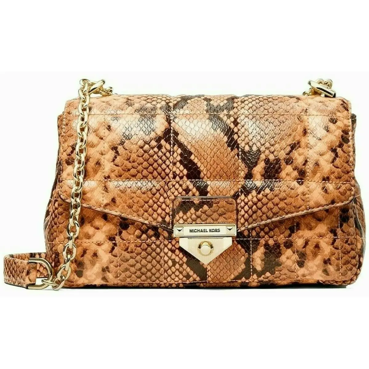 Michael Kors Soho Large Snake Embossed Quilted Tan Leather Crossbody Bag