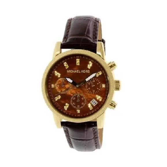 Michael Kors Gold Tone Brown Croc Leather Band Crystal Chronograph WATCH-MK5050