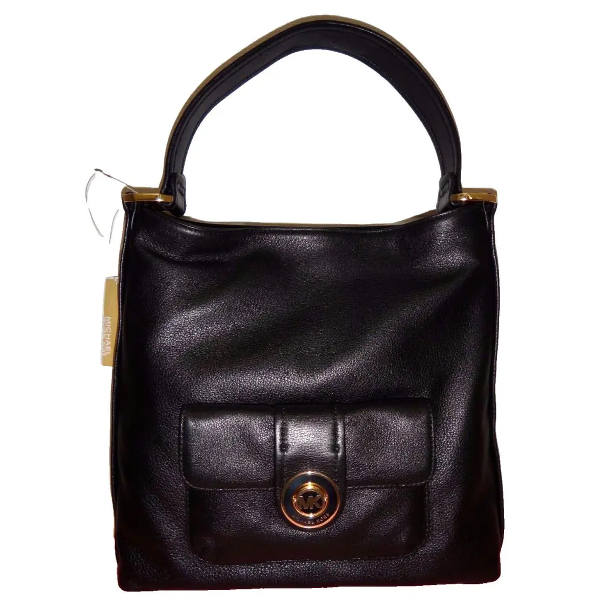Michael Kors Pushlock Womens MK Large Shoulder Bag Tote Black Leather 38H5XMUL3L