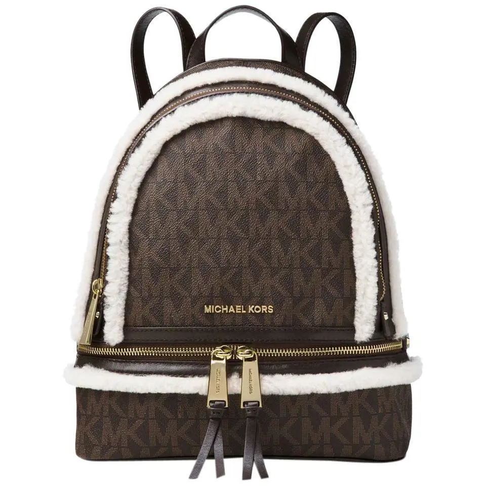 Michael Kors Rhea Zip Medium Backpack Brown Logo Natural Shearling Bag