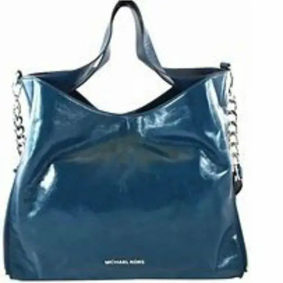 Michael Kors Devon Teal Lux Silver Calf Leather Large Shoulder Tote Bag