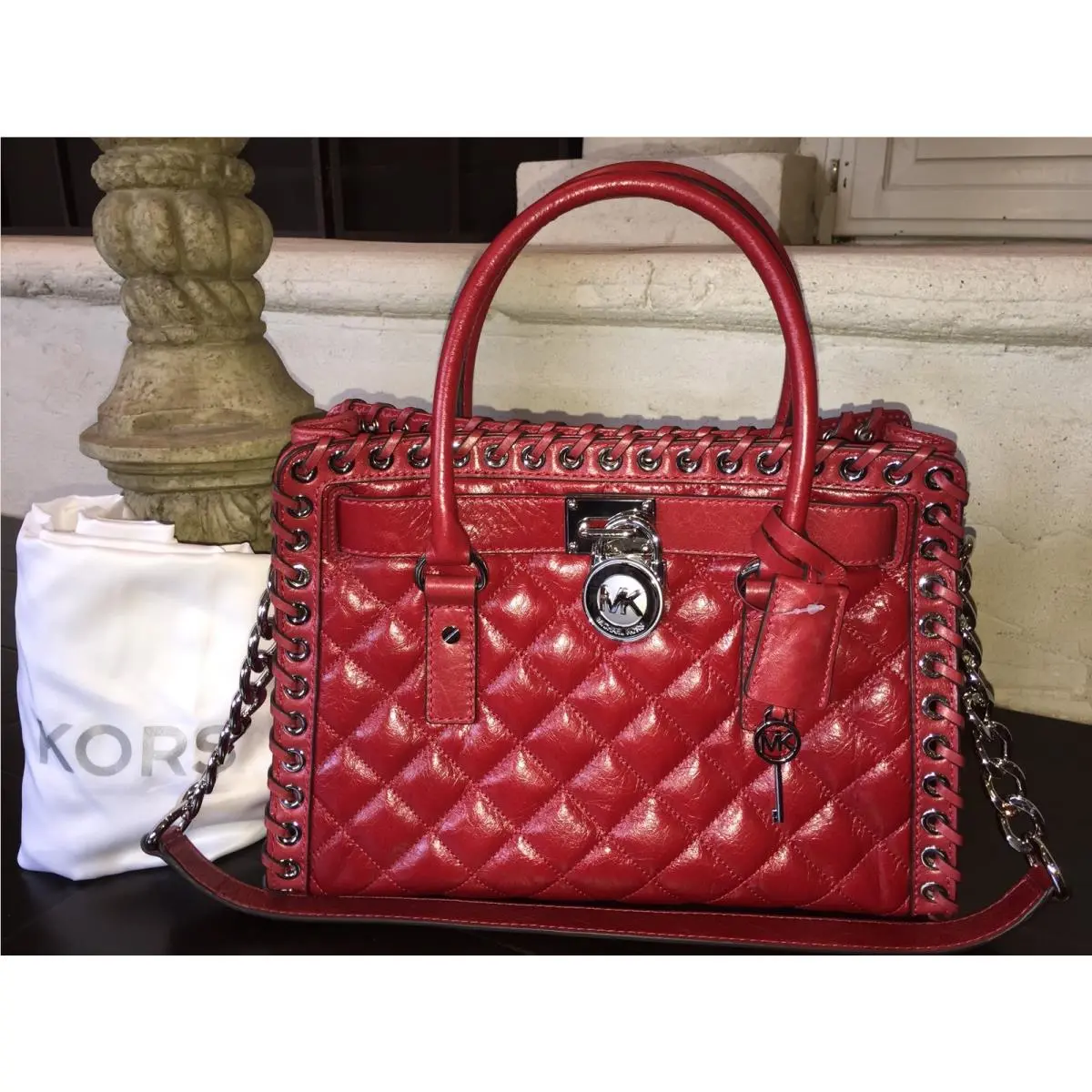 Michael Kors Hippie Grommet Hamilton EW Satchel Quilted Leather Dark Red