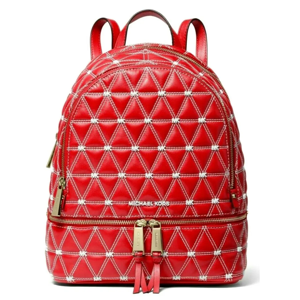Michael Kors Rhea Zip Backpack Red White Gold Quilted Leather Travel Bag