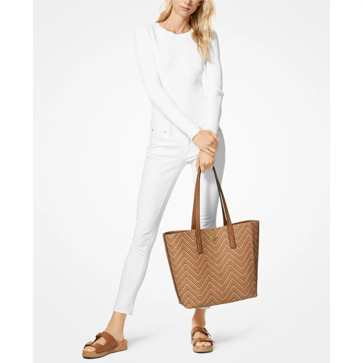 Michael Kors 30H8BX5T3U Junie Large Woven Leather Tote in Acorn Brown /butternut