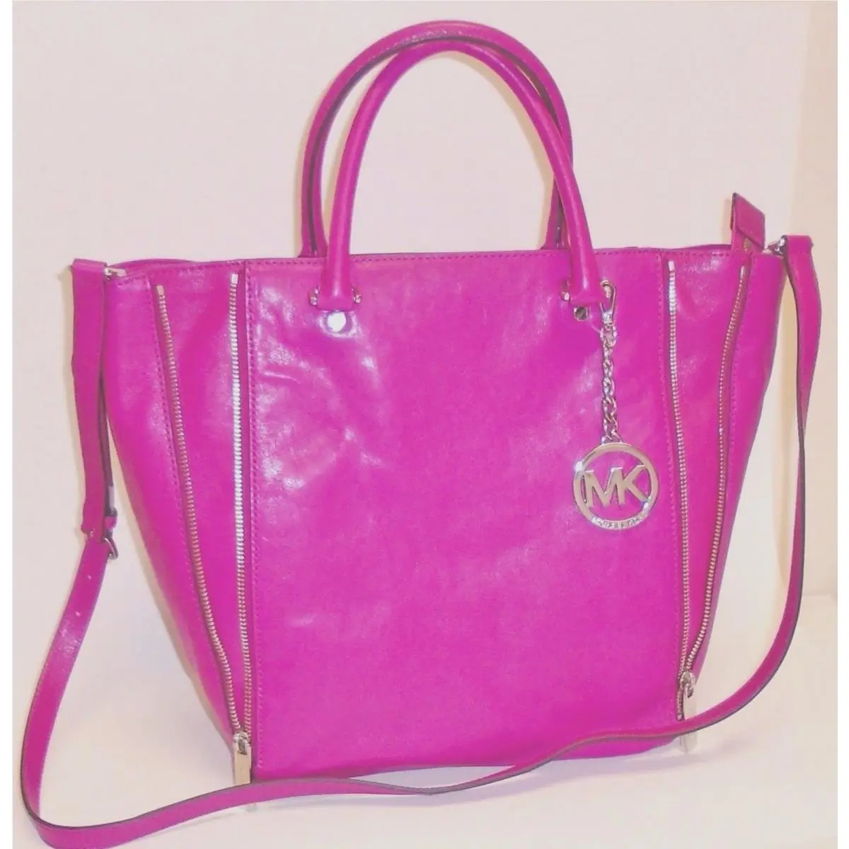 Michael Kors Man Pink Fuchsia Leather Large Tote Shoulder Bag Crossbody