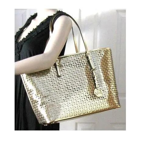 Michael Kors Flower Perforated Gold Leather Travel Tote Shoulder Handbag