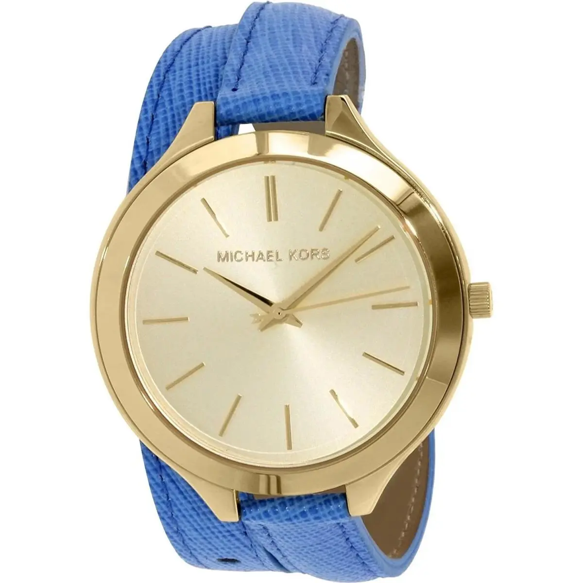Michael Kors Gold Tone Double Wrap Royal Blue Leather Band Runway Watch MK2286