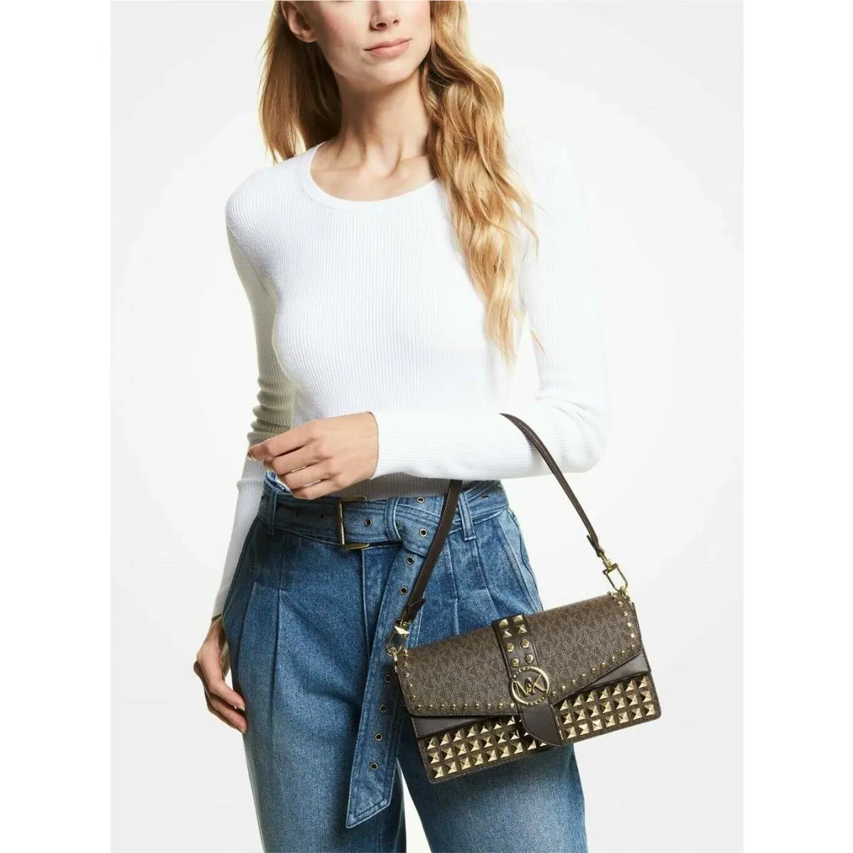 Nip Michael Michael Kors Greenwich Med Stud Logo Shoulder Bag Chocolate Brown
