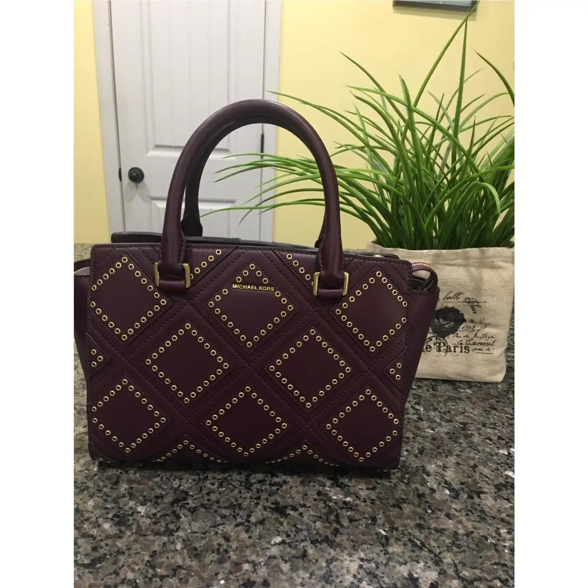 Michael Kors Diamond Grommet Selma Satchel Plum/gold Leather