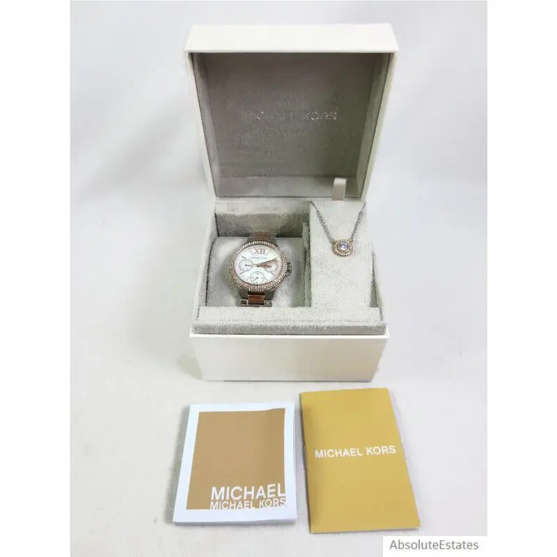 Mini Camille Silver Rose Gold Crystal Watch Necklace Set MK1054 by Michael Kors