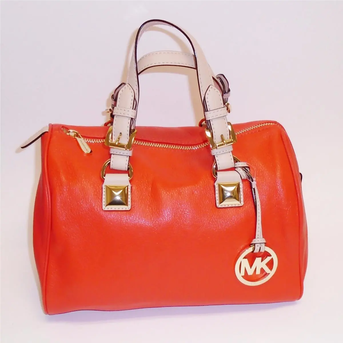 Michael Kors Grayson Medium Mandarin Red Leather Gold Buckles Satchel Purse Bag