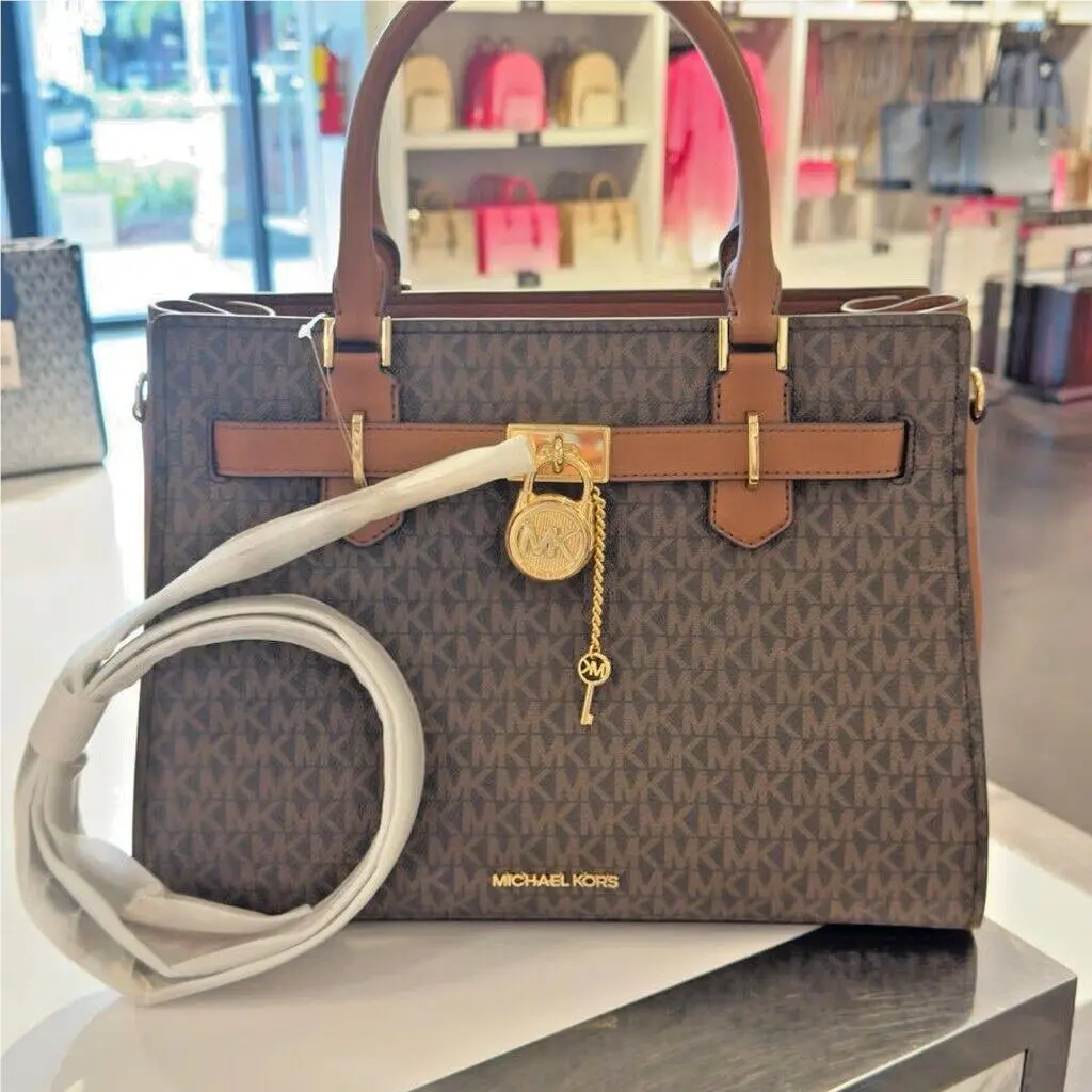 Michael Kors Hamilton Medium Women Logo Satchel Crossbody Handbag Purse Brown