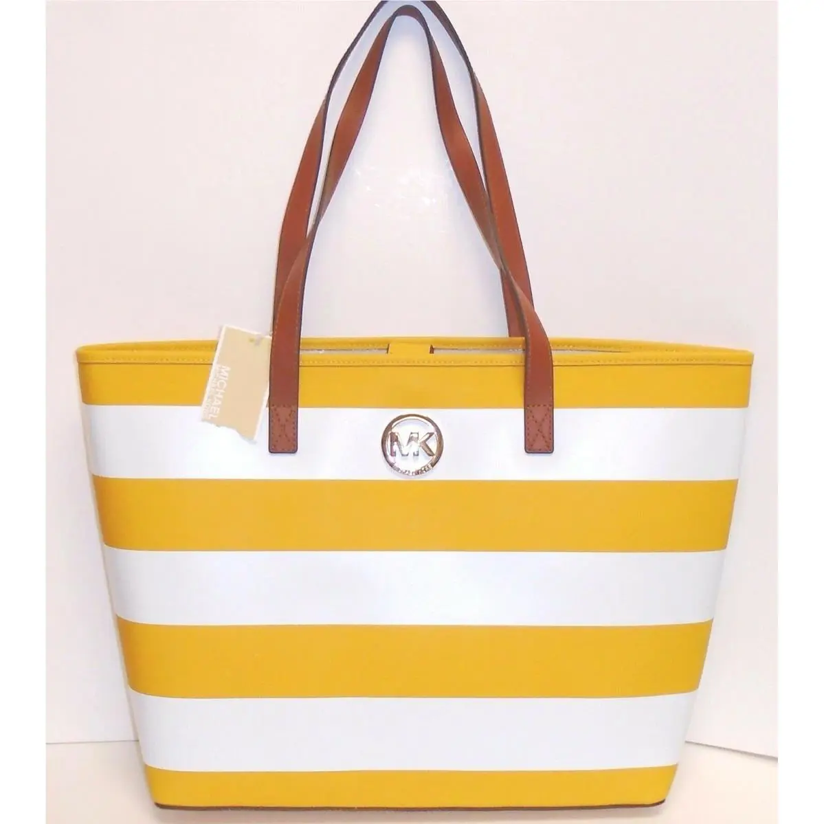 Michael Kors Jet Set Travel Stripe Yellow Sun+white Saffiano Leather MD Tote Bag